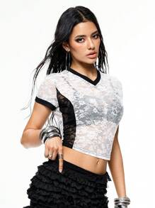 ROMWE Street Life T-shirt femme avec décorations en strass en forme de numéro 08, en dentelle transparente, dans le style Y2K sexy