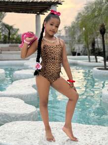 Tween Girl Casual Everyday Vacation Versatile Knitted Monokini Swimsuit, Suitable For Beach, Pool, Mommy And Me Matching Outfits (2 Pieces Sold Separately)