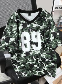 Manfinity EMRG Men's V-Neck Camouflage Print Short Sleeve T-Shirt, Suitable For Summer - Green - View 5