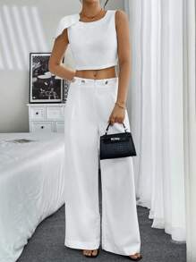 Rafferiza 女士优雅蝴蝶结装饰无袖上衣和阔腿裤两件套，夏季 - 白色 - 查看 1