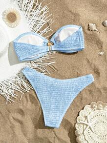 Swim Mod Conjunto de bikini casual elegante de un solo color sin tirantes con detalles de hebilla metálica, atuendo para la playa para mujeres - Azul - Ver 8