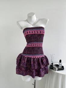 Elamini Women Floral Print Ruffle Hem Bandeau Mini Dress, Vacation Style - Multicolor - View 3
