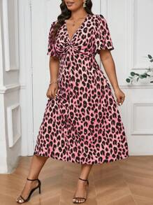 SHEIN Frenchy Váy họa tiết da báo cổ điển cỡ lớn tay ngắn thắt eo - Hồng - Xem 6