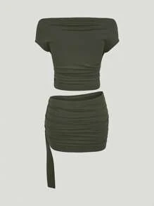 INAWLY Conjunto de 2 piezas para mujer - Top ajustado de manga corta y unicolor, talla grande falda mini