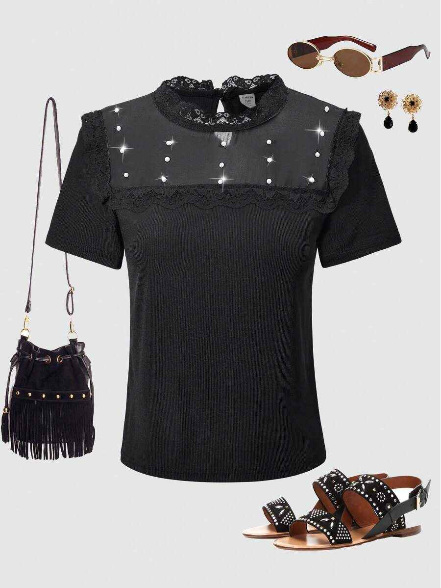 SHEIN Explorewe Spring/Summer Teen Girls Elegant High-Quality Hollow Faux Pearl Lace Trim Short Sleeve T-Shirt, Suitable For Daily Commute, Casual Outing, Sisterhood Gathering - Black - View 1