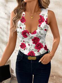Ellevyn Women's Boho Floral Print V Neck Sleeveless Polyester Cami Top - Regular Length Scalloped Hem - Multicolor - View 9