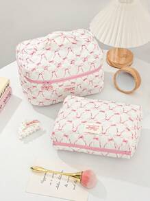 Sweet Bowknot Print Portable Cosmetic Bag - Pink - View 6