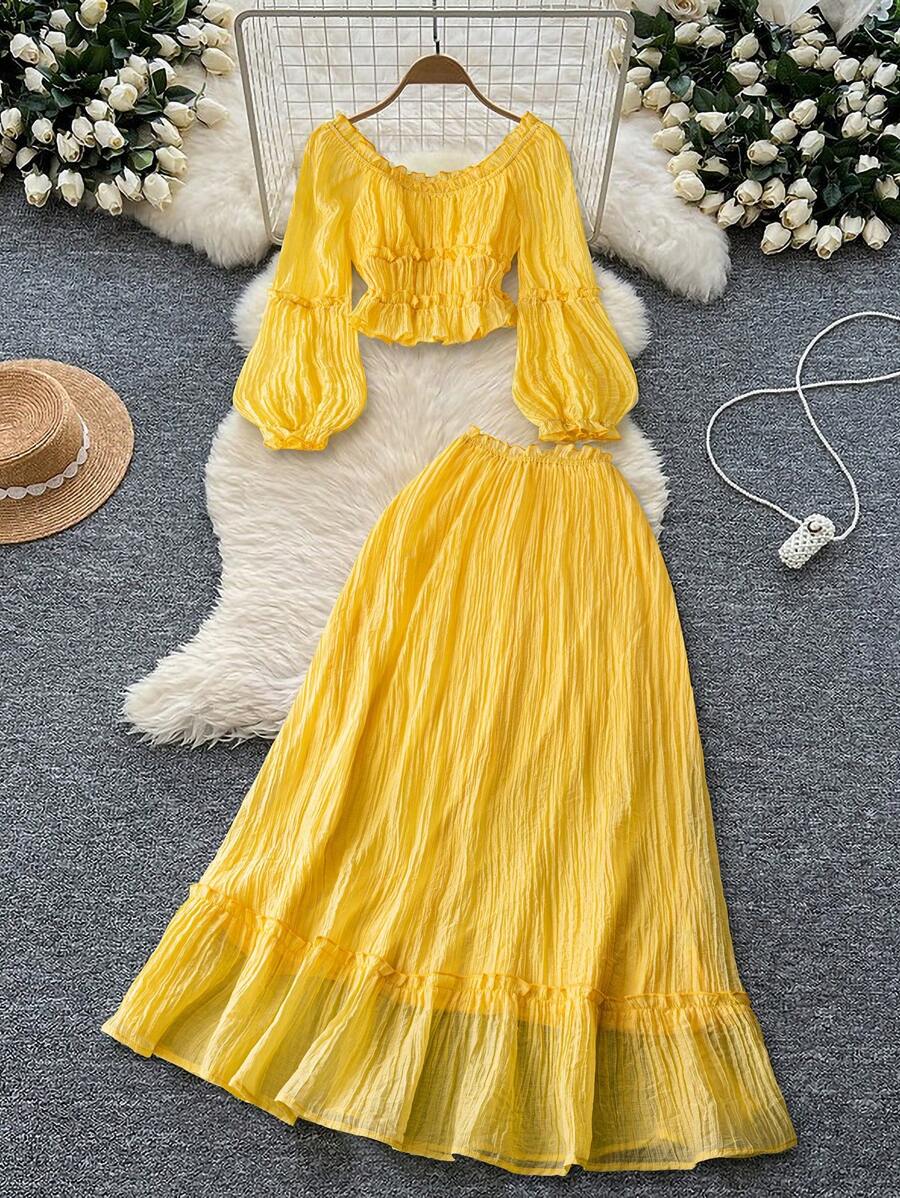 Franclia Sweet Ruched Waist Cropped Long Sleeve Top And High Waist Slim Skirt Matching Set - Yellow - View 1