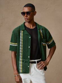 AKNOTIC Áo len cardigan tay ngắn cổ tròn dáng rộng thoải mái màu xanh lá cây cho nam, thích hợp mặc vào mùa hè, đi nghỉ, mặc hàng ngày, tiệc tùng, cặp đôi, quà tặng cho nam - Màu xanh lá cây đậm - Xem 4