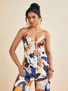 Cheerfulab Top de tirantes de satén con estampado de mariposas all over atado por delante, top sexy de verano para mujer - Multicolor - Ver 5