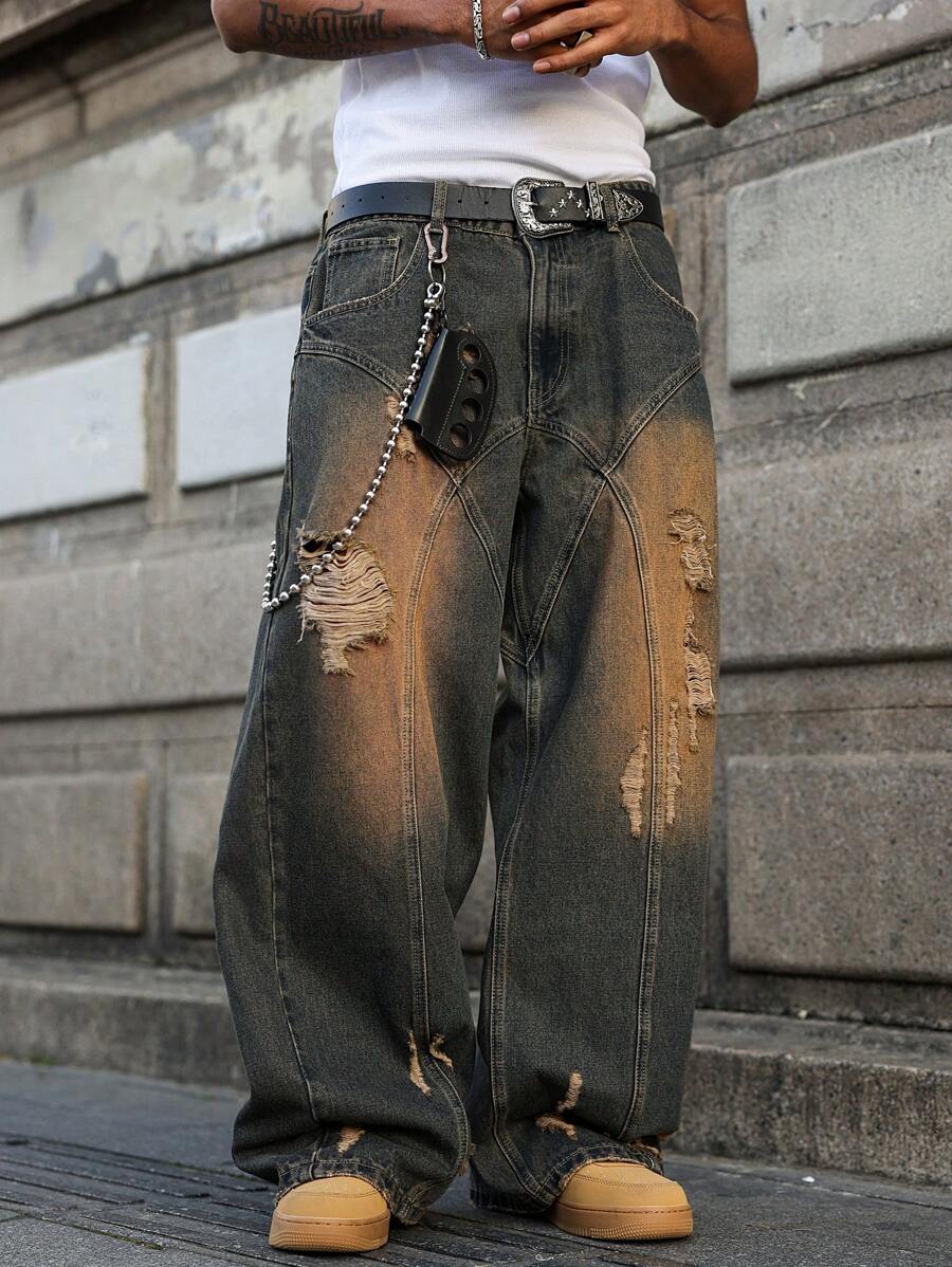 Manfinity EMRG 男士仿旧深蓝色复古褪色棕色宽松直筒牛仔裤，街头风格