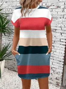SHEIN LUNE Casual Striped Pattern Round Neck Short Sleeve Crop Dress, Suitable For Summer,Summer Dresses For Women Chic Dress