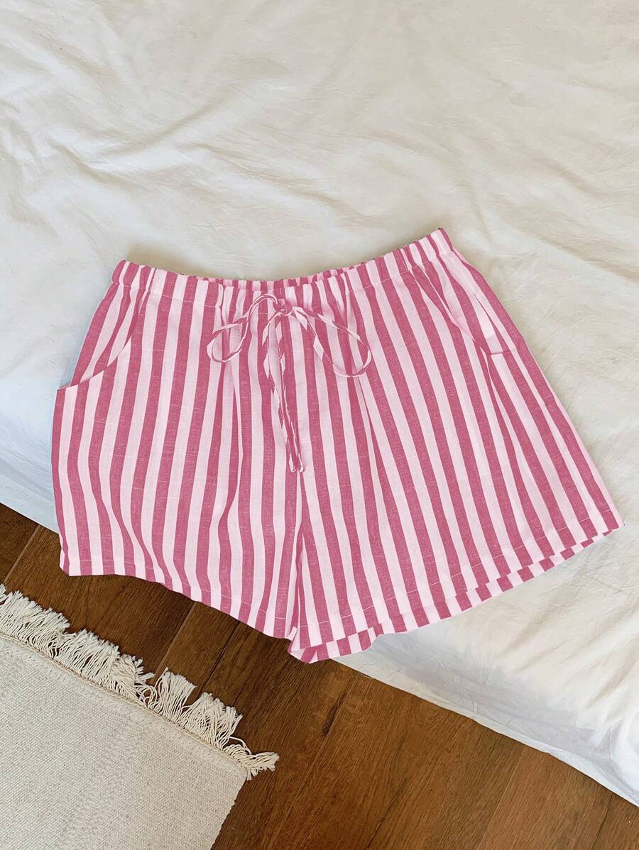 Comfortcana Short de verano para mujer con rayas, cintura con cordón y bolsillos laterales - Rosa - Ver 1