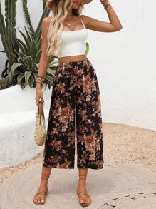 Breezaya Summer Floral Print Elastic Waist Loose Casual Capri Pants - Multicolor - View 4