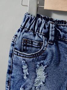 SHEIN Young Boy Distressed Stone Washed Denim Ripped Jeans Shorts, Street Fashion, School, Campus, College - Dark Wash - View 5