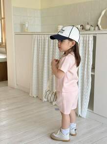 2pcs/Set Newborn/Infant Girls Spring/Summer Casual Cute Everyday Fun Air Layer Knit Short Sleeve T-Shirt & Shorts Set, Suitable For Lounging & Outings Baby Girl Casual Clothes Toddler Girl Clothes Summer Young Girls Sets Toddler Clothes Summer - Pink - View 5