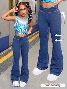 SHEIN Tween Girl Fashion Casual Blue Denim Daily Exercise Basics Stretch Slim Flared Jeans For Girls Soft Dailywear And The Four Seasonsr Tween Girl Clothes - Light Wash - View 5