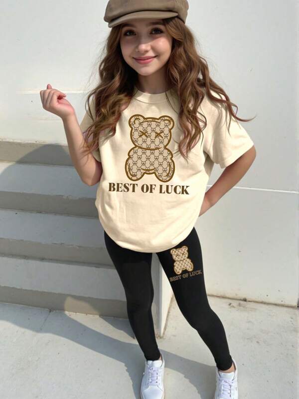 SHEIN GraphicGems Conjunto de 2 piezas para niñas con camiseta de manga corta y leggings, con estampado floral creativo y de oso de dibujos animados, informal