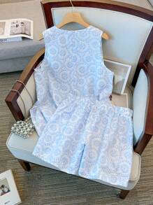 GlowEve CURVE 大码女式两件套 - 无袖提花梭织上衣，鸡心领和松紧腰阔腿短裤，优雅通勤和度假装，夏季 - 藍白色 - 查看 2