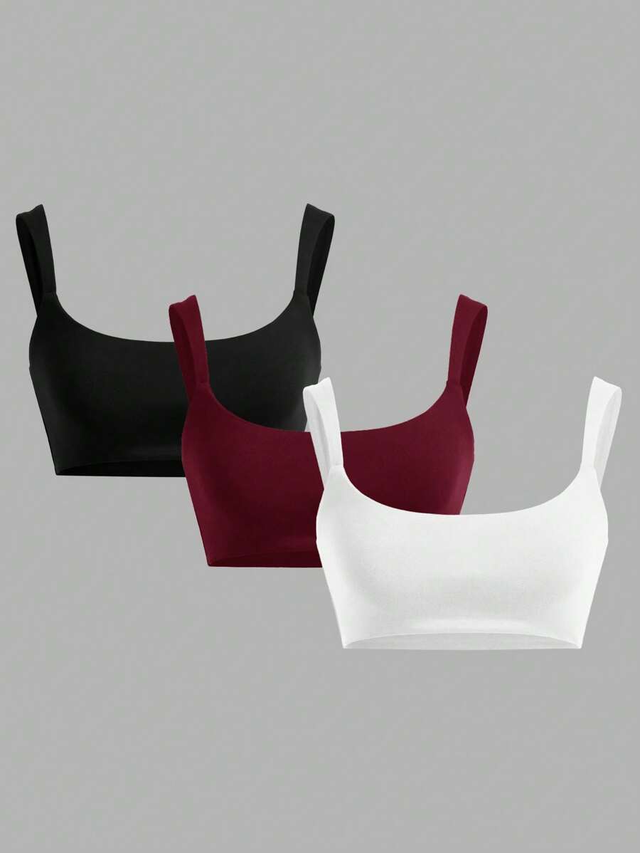 SHEIN EZwear 3 件套 黑色、白色、酒红色短款 V 领露背性感健身背心，适合夏季