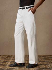 AKNOTIC Business Casual Men's Woven Belt Solid Woven Jeans, Straight Leg Casual Pants, Suitable For Summer, Vacation, Daily, Party, Couples, Men's Gift, Graduation Gift, For Rave - White - View 1