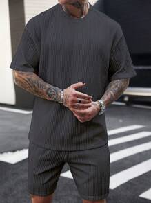 Manfinity Homme 男士度假休闲风格，采用 INS 风格春夏橙色毛圈图案花卉短袖衬衫和短裤套装，适合夏威夷海滩度假，适合夏季舒适服装 - 灰色 - 查看 5