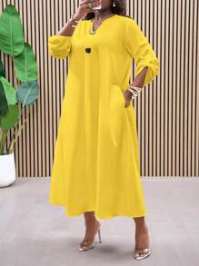 Slaydiva 2025 New Plus Size Versatile All-Match Solid Color Pocket Casual Dress,Flowy Dress,Sun Dresses For Women - Yellow - View 3