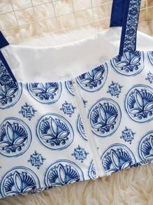 2 件套女士复古印花吊带背心上衣和裙子套装，休闲假日风格 - 藍色 - 查看 5