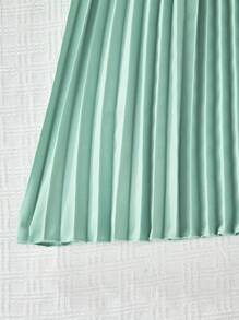 2pcs/Set Teen Girls Casual Ruffle Cap Sleeve T-Shirt & Elastic Waist Pleated Skirt Set - Mint Green - View 7