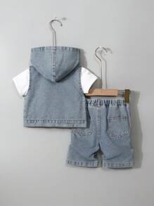 新生男婴休闲洗水牛仔连帽背心上衣和松紧腰牛仔短裤套装，简约时尚百搭设计，适合日常穿着 - 淺色水洗藍 - 查看 2