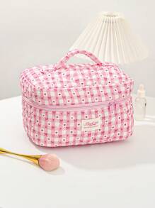 Plaid Bow Print Portable Cosmetic Bag - Pink - View 8