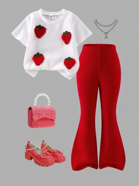 Young Girl Cute Waffle Knit Strawberry Decor Top And Flared Pants 2 Pieces Outfit, Suitable For Spring & Autumn Traveling