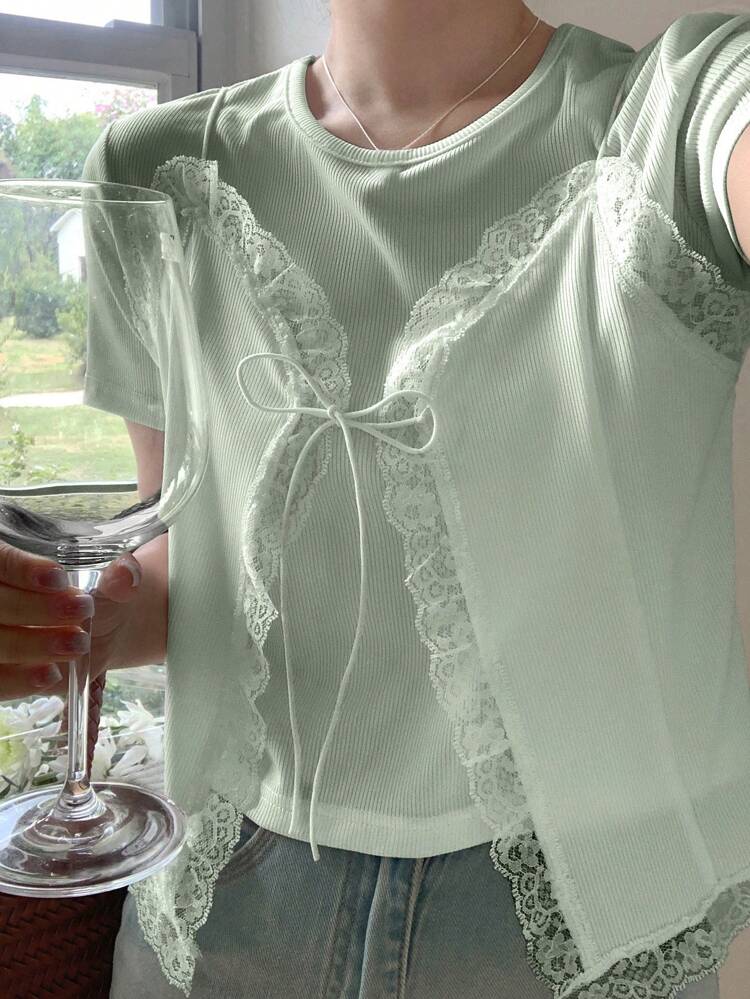 Women's 2 In 1 Lace Patchwork Round Neck Short Sleeve T-Shirt Preppy Tops Easter