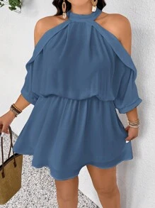 SHEIN Frenchy Plus Size Navy Blue Mini Dress: Casual Halter Neck Cold Shoulder Dress With Three-Quarter Sleeves And Cut-Out Details For Summer - Navy Blue - View 5