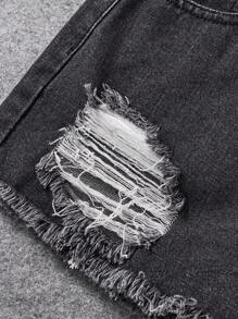 SHEIN 少女休闲破洞磨边牛仔短裤 - 黑色 - 查看 3