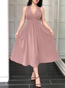 DAZY Vestido midi sin mangas con cuello en V plisado de unicolor para mujeres