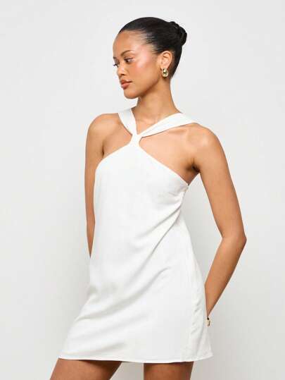 AiiRZ Halter Neck Mini Summer Linen Blend Dress Modern Minimalist Short A-Line Party Wedding Guest Race Day Resort Event Casual Sleeveless Women,Summer Dresses For Women,White Dresses For Women