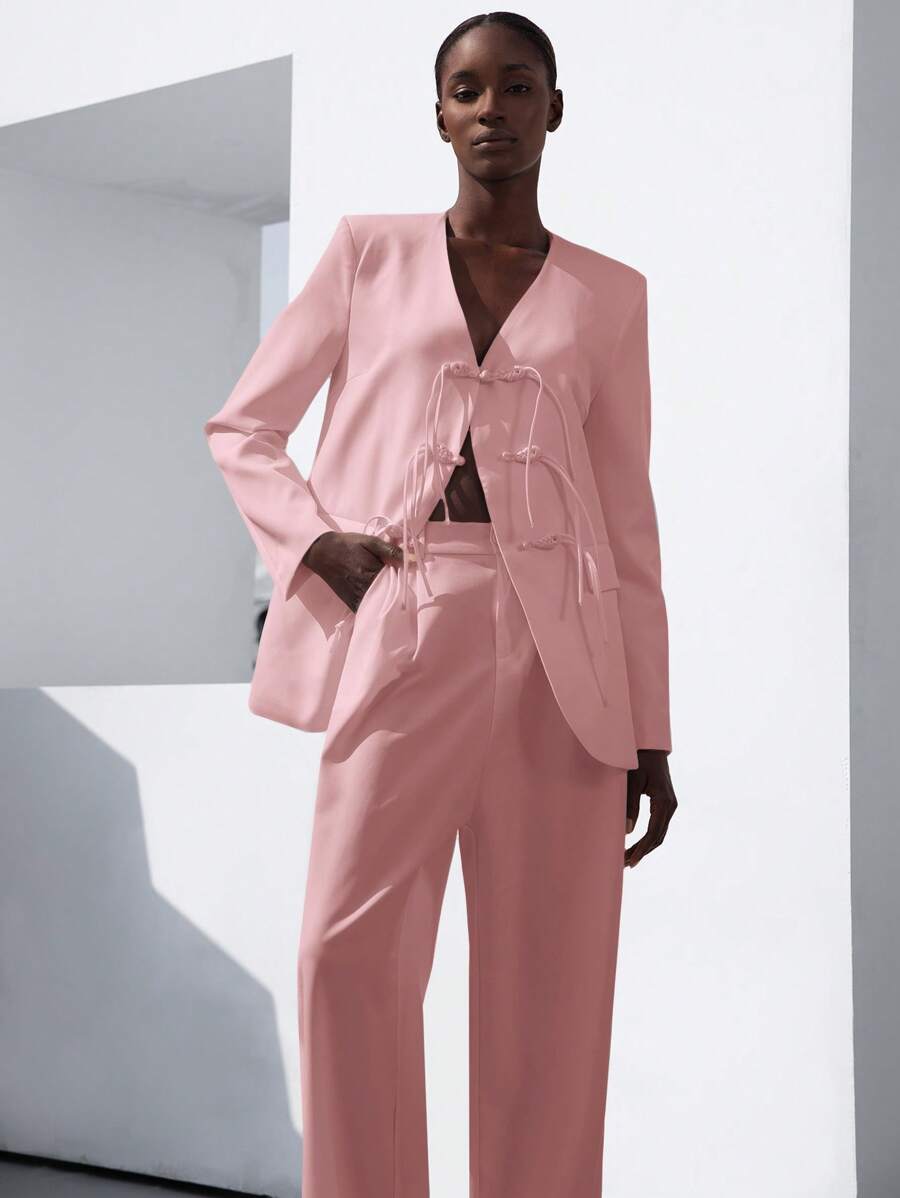 SHEIN Privé Áo khoác Blazer dáng rộng thiết kế cài nút phong cách Trung Hoa - Hồng - Xem 1
