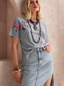 EURMUSE 100% 纯棉花卉刺绣圆领 T 恤