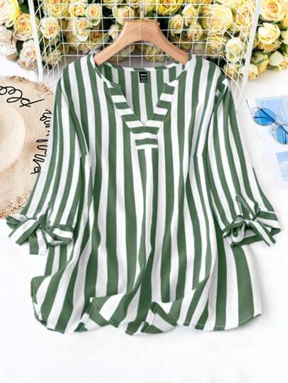 SHEIN LUNE 夏季 V 领系带 3/4 袖休闲条纹度假衬衫