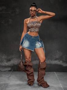 SHEIN ICON Women's Casual Cargo Pocket Raw Hem Cover Front Denim Skort - Dark Wash - View 4