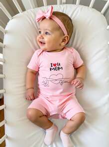 Mother's Day, Warm Love Slogan, Comfortable Soft Baby Girl Romper Shorts - Pink - View 1