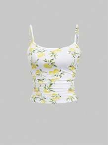 Sweetra Women Casual Summer Fresh Lemon Pattern Pleated Camisole, Suitable For Summer
