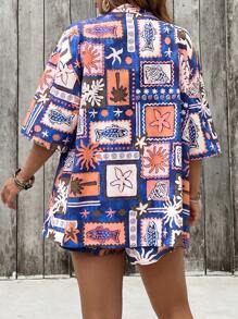 SHEIN VCAY 1set Plus Size Women Plant Print Kimono Shirt And Shorts Holiday Casual 2 Pieces Set Summer Boho Women's Clothing Brunch Outfits For Women Airport Outfit For Women Beach Vacation Outfits City Break Outfits Holiday Outfits Old Money 2 Pieces Sets European Summer - Navy Blue - View 2