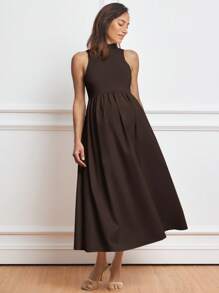 MaterniWear Solid Color Pleated Stand Collar Sleeveless Elegant Maternity Dress - Coffee - View 4