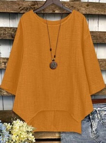 Plus Size Women Solid Color Round Neck Dropped Shoulder Sleeve Loose Casual Versatile Blouse Yellow - Yellow - View 1