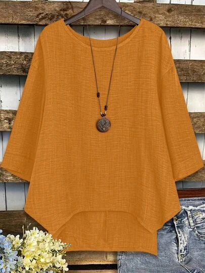 Plus Size Women Solid Color Round Neck Dropped Shoulder Sleeve Loose Casual Versatile Blouse Yellow