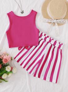 SHEIN Trägertop mit Knotendetail & gestreifte Shorts mit Paperbag Taille und Gürtel
