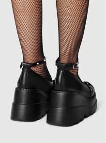 ROMWE Grunge Punk Women's 10cm Punk Rock Gothic Metal Studded Mary Janes Round Toe Platform Wedge Loafer Shoes, Black Spring Shoes Spring Break Easter, Halloween - Black - View 4