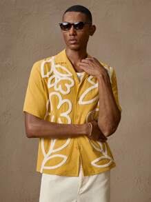 AKNOTIC X Nawaf Alabid Men's Yellow Woven Floral Embroidered Casual Short Sleeve Collared Button-Down Shirt, Suitable For Summer, Vacation, Daily Wear, Party, Couples, Gifts, Boxy Fit, School - Yellow - View 5